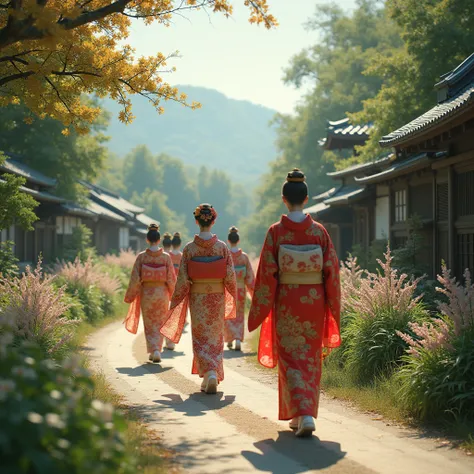 A traditional Japanese bridal procession walking along a rural countryside road, photorealistic, highly detailed, 8K, cinematic lighting, natural environment, beautiful ornate kimonos, traditional Japanese architecture in the background, vibrant colors, in...