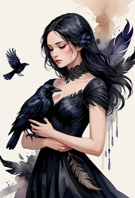 Create a watercolor-style image of a woman wearing a black dress, gently embracing a black raven. The scene should feel soft and intimate, with fluid brushstrokes blending the dark hues of the dress with the raven’s feathers. The womans expression is tende...