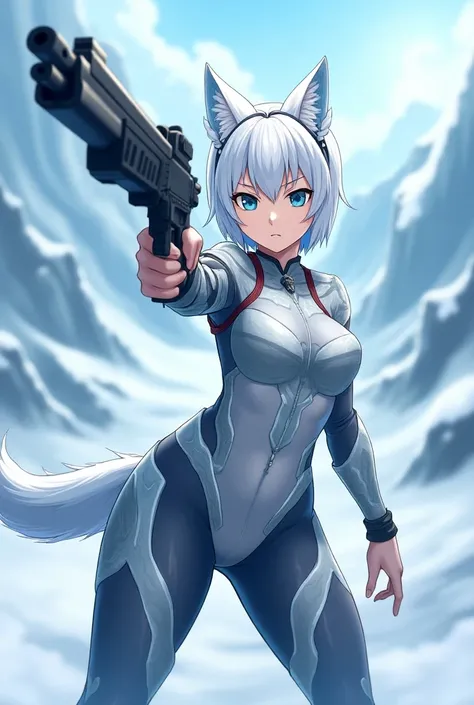 An anime ice wolf girl with a firearm, with a short 