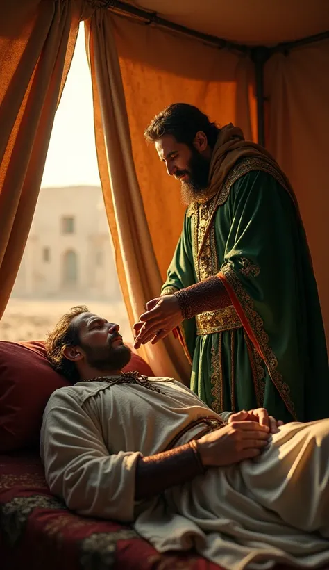 "A quiet, intimate scene captured in high-detail with Canon EOS, hyper-realistic, ultra HD, 8K. Richard the Lionheart lies weak and pale on a bed of cushions inside a Crusader tent. The camera captures the fine details of his pale face and weary expression...