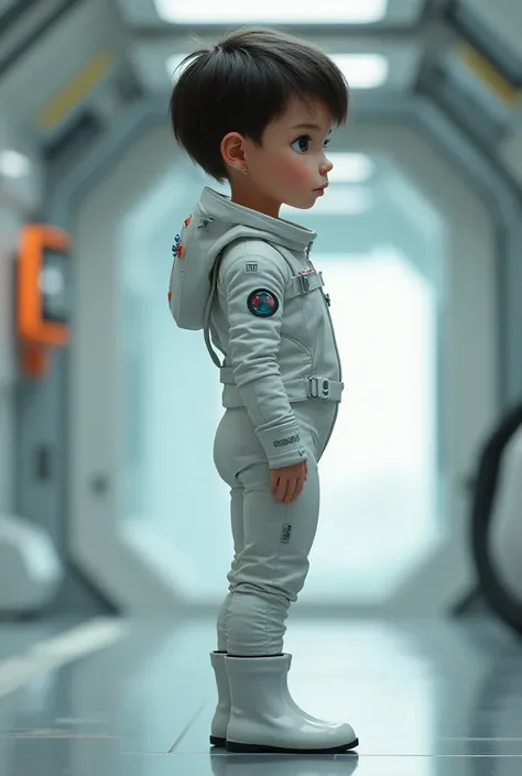 1 girl, 11y, standing, seen from side, on spaceship, tight white spacesuit, no breasts, short pixie hair, hair pin, small earrings, shy, big blue eyes, realistic, boots small heel