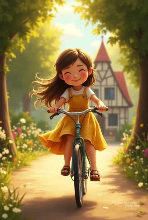 A small beautiful girl going to school by bicycle  