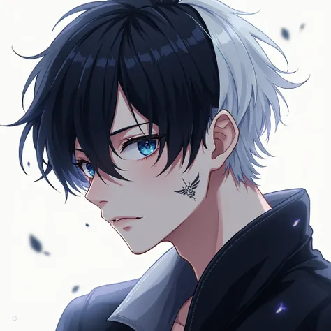  High Resolution, Regardant le spectateur, , blue eyes, Aside,  black hair on the left and white on the right , young man, short hair , anime , Right eye tattoo,  Alone, sexy , entouré de personne 