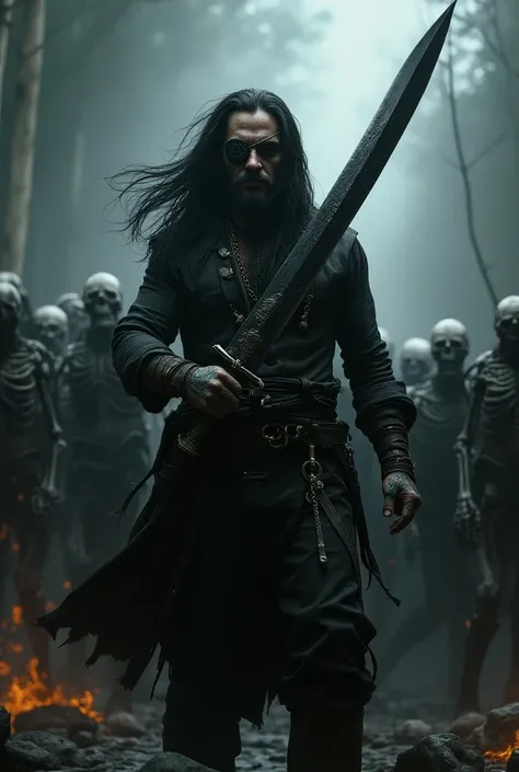 Generate photo of a white man, high, tattooed on the body and face , using an eye patch on the left eye, bearded,  long black hair,  wearing a black period outfit drawing a legendary pirate sword with a black energy coming out of the blade while conjuring ...