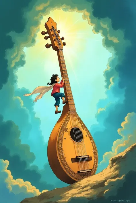 A persian book cover painting called journey to the music world that a man is climbing a ladder on the strings of the sitar the persian instrument  in cartoon watercolor style