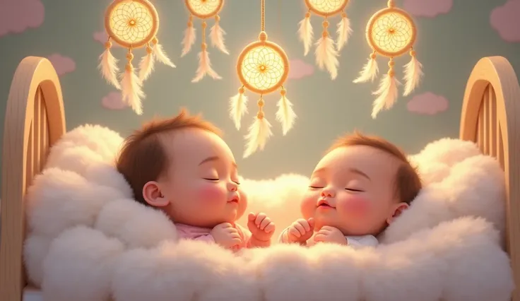 Babies sleeping peacefully with dreamcatchers above their cribs protecting them. Disney/Pixar style like image