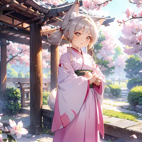 Light line drawing、Bright colors、White fox girl 、Gray Hair、 Sleek long hair 、Fox Ears、  Foxs Fluffy Tail  、Ruby Eyes、Slanted Eyes、cute、  White and Pink Luxurious Kimono、Fluttering Ornament  、Under the cherry tree、Cherry Blossom Snowstorm、Beautiful work