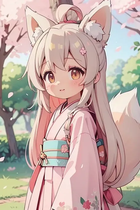 Light line drawing、Bright colors、White fox girl 、Gray Hair、 Sleek long hair 、Fox Ears、  Foxs Fluffy Tail  、Ruby Eyes、Slanted Eyes、cute、  White and Pink Luxurious Kimono、Fluttering Ornament  、Under the cherry tree、Cherry Blossom Snowstorm、Beautiful work