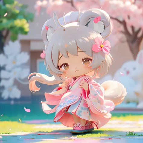 Light line drawing、Bright colors、White fox girl 、Gray Hair、 Sleek long hair 、Fox Ears、  Foxs Fluffy Tail  、Ruby Eyes、Slanted Eyes、cute、  White and Pink Luxurious Kimono、Fluttering Ornament  、Under the cherry tree、Cherry Blossom Snowstorm、Beautiful work