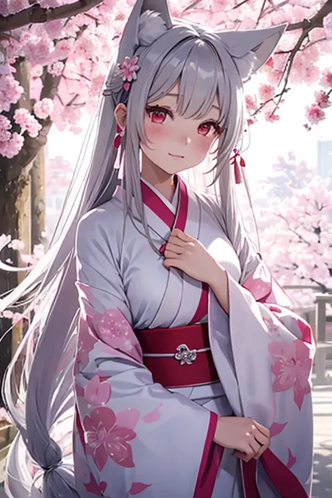 Light line drawing、Bright colors、White fox girl 、Gray Hair、 Sleek long hair 、Fox Ears、  Foxs Fluffy Tail  、Ruby Eyes、Slanted Eyes、cute、  White and Pink Luxurious Kimono、Fluttering Ornament  、Under the cherry tree、Cherry Blossom Snowstorm、Beautiful work