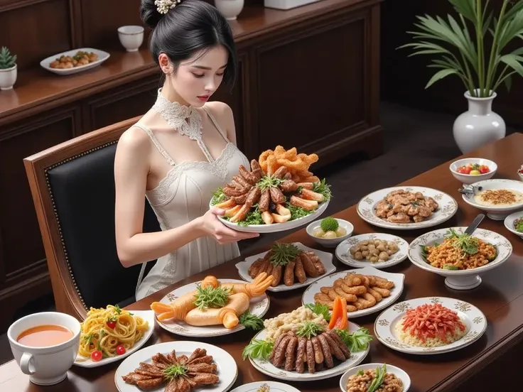 Manchu Han Dynasty、High-quality ingredients、 Lots of fine food on your desk、Dishes carried by a beautiful woman 、