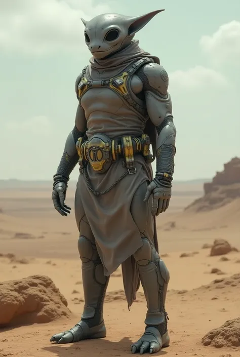 barren planet,humanoid grey creature (zeta reticulans) with grey camouflage skin,black wide almond-shape eyes, large cranium, advance techno belt with yellow and  black color, and light silver astro clothes