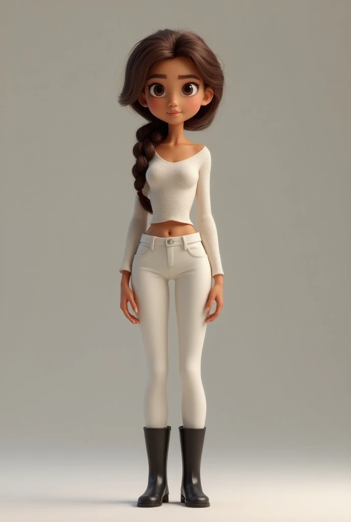  A 3d animated character
A thin 18-year-old girl, light brown skin, sensual way,  with brown hair ,  tied with a braid that goes through the front (like Elsa from Frozen ),  long sleeves white and white pants, with long black boots 