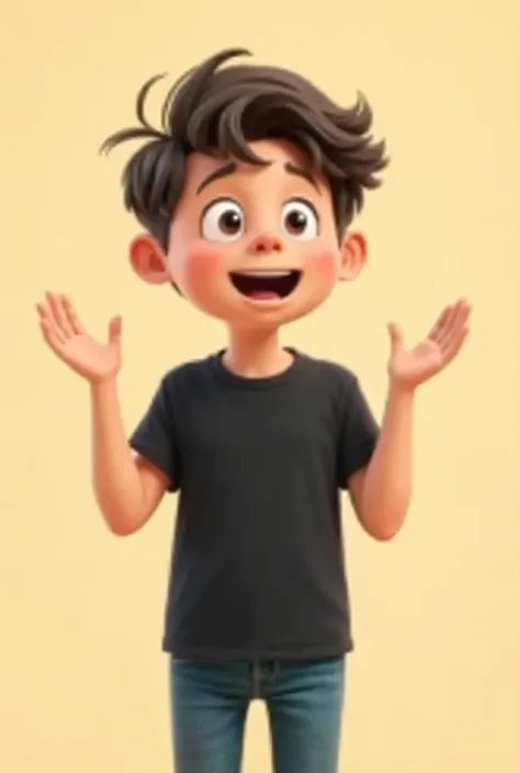 Cartoon guy character with plain black tshirt both hands raised to ask questions