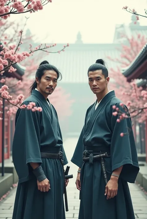 A cinematic double exposure photo of a poster film. A two Japanese men wearing traditional Japanese samurai clothing. swords at their waists. The background contains a Japanese temple with blooming flowers. face look at the camera