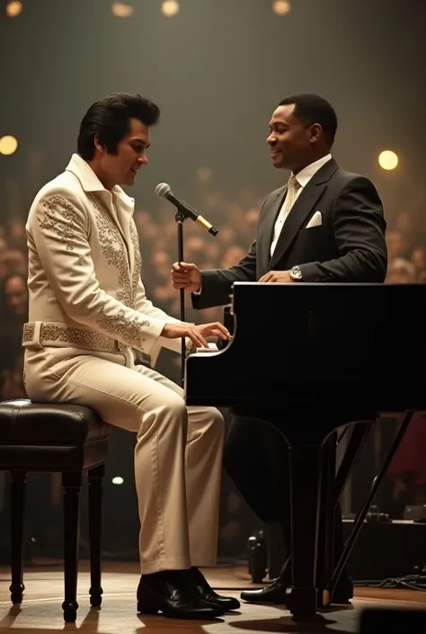 Create an image of Elvis Presley playing the piano with Will Smith