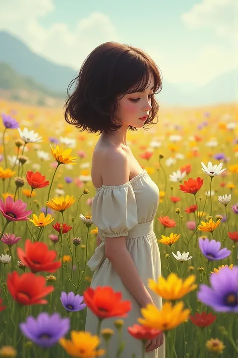 Short brunette girl in a field of flowers