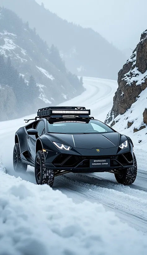  a black super bike with machine guns Huracan Sterrato, a rugged off-road version of the iconic super bike. Its traversing a snowy mountain road, highlighting its all-terrain capabilities. 
 
Key features:
Elevated stance:
The Sterrato sits higher than the...