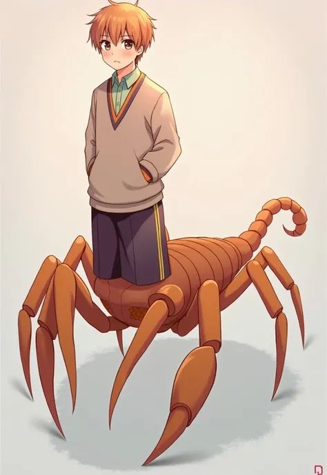 A boy，School Uniform，Navel，blush，The lower body becomes a scorpion，Eight legs 。