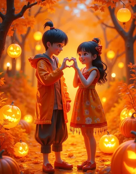 Cartoon，万圣节Cartoon鬼戴着女巫帽， makes a heart gesture with your hands isolated on an orange background,  happy Halloween concept , Thermal Imaging ， neon light silhouette ，(Fire feeling )，(Thermal Imaging 特效:1.5)，detail，Sense of atmosphere，Light Sensitivity，Lumi...