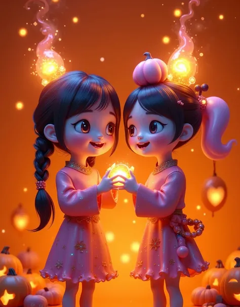 Cartoon，万圣节Cartoon鬼戴着女巫帽， makes a heart gesture with your hands isolated on an orange background,  happy Halloween concept , Thermal Imaging ， neon light silhouette ，(Fire feeling )，(Thermal Imaging 特效:1.5)，detail，Sense of atmosphere，Light Sensitivity，Lumi...