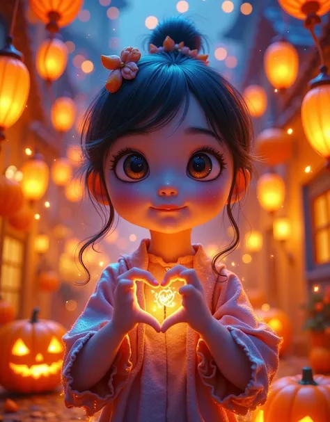 Cartoon，万圣节Cartoon鬼戴着女巫帽， makes a heart gesture with your hands isolated on an orange background,  happy Halloween concept , Thermal Imaging ， neon light silhouette ，(Fire feeling )，(Thermal Imaging 特效:1.5)，detail，Sense of atmosphere，Light Sensitivity，Lumi...