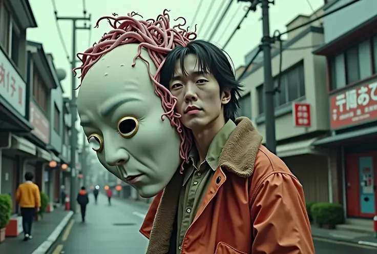 Wide View、Wide-angle lens、Super realistic video、A famous Japanese actor who whitewashed his face with a large white face with the appearance of a fictional parasite living in an exposed brain with overgrown, swollen, and blood vessels surfaced on top of hi...