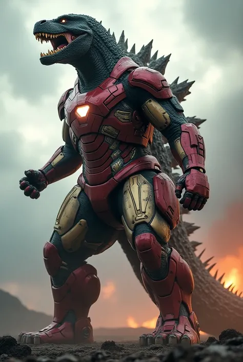 Godzilla and iron man suit fusion ((Best quality)),((High resolution 4K)),((ultra HDR)),((extremely detailing)),((highly detailed ultra high resolution)),((high extremely ultra detailing extremely detailing)