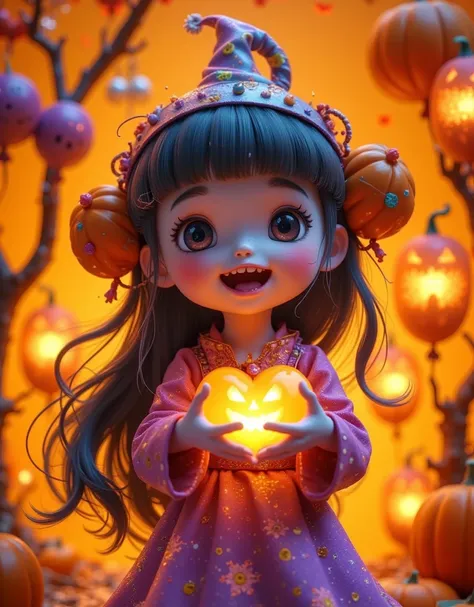 cartoon，万圣节cartoon鬼戴着女巫帽， makes a heart gesture with your hands isolated on an orange background,  happy halloween concept , the...