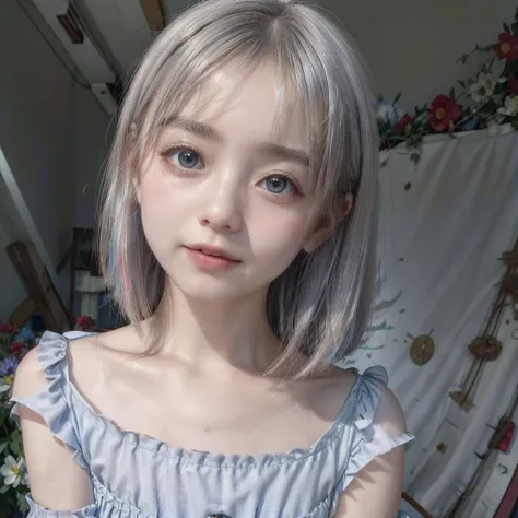 One young beautiful girl、(round face)(Big eyes、Droopy eyes、Blue Eyes), (Laugh with your mouth slightly open)、(Platinum silver hair、Straight short bob hair), ( Scenery full of flowers、 Light shining through the sky ,  colorful flowers surround the girl)、gol...