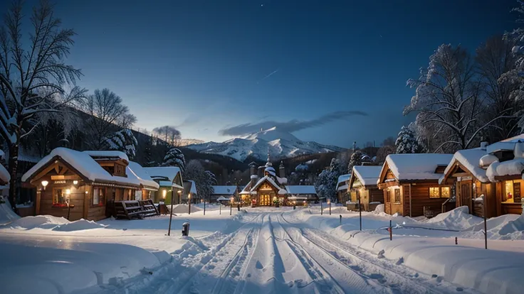 winter village with snow fall