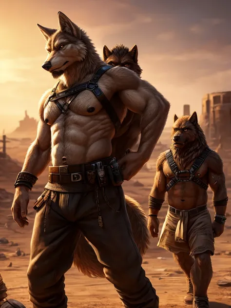 Masterpieces, furry, male, Anthropomorphic, full body, old age, rugged, brown wolf, duo, lean body type, Delicate eyes, white goatee, white fur, glistening body, tanned skin, thug, wasteland thug, depth of field, warm lighting, bright lighting, (best quali...