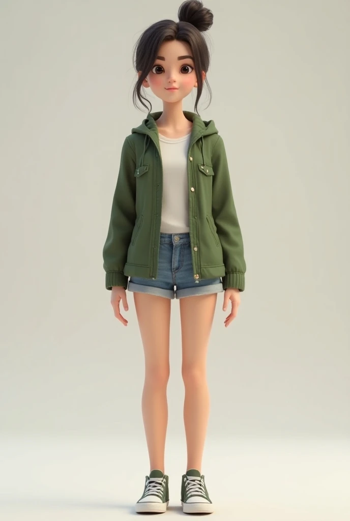  A 3d animated character
A thin 18-year-old girl, with very dark brown hair tied up,  green jacket with unfastened buttons ,  denim shorts and sports shoes