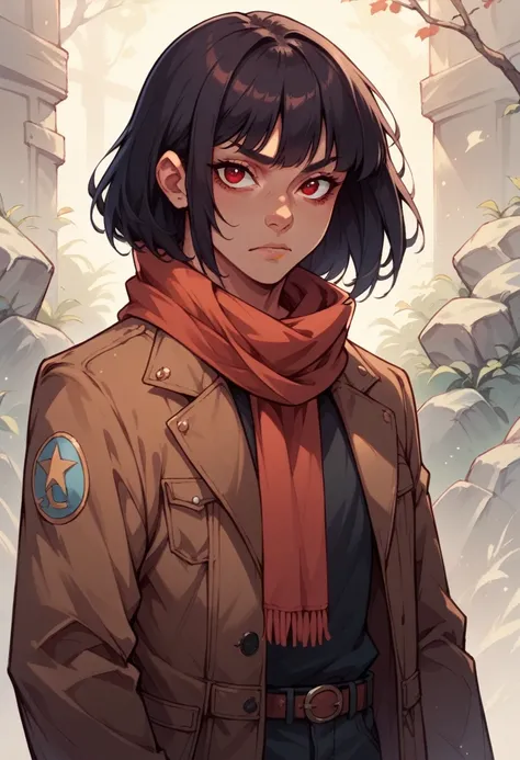 guy, long bob straight dark hair, red eyes, dark clothing, scarf