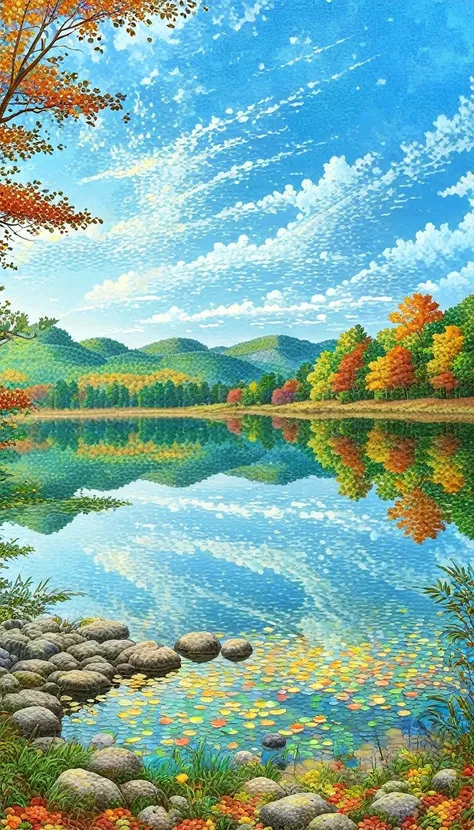 Masterpiece, best composition, best quality, pointillism, colorful landscape, autumn foliage season, beautiful autumn foliage landscape with lake, autumn foliage reflected in the lake, blue sky and clouds, perfect for mobile phone wallpaper.