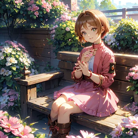  shiny brown hair sitting on the fire escape, short hair, (美しい茶色のeye、  sparkling eyes, eye)、smile、非常に精細なeye、 very detailed faces , 非常に詳細なeye,, cowboy shot、 ( best quality, masterpiece:1.2), 非常に High Resolution ,  High Resolution , Women only、 best quality、...