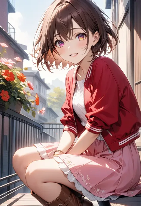 shiny brown hair sitting on the fire escape, short hair, (美しい茶色のeye、  sparkling eyes, eye)、smile、非常に精細なeye、 very detailed faces ...