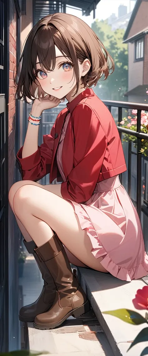  shiny brown hair sitting on the fire escape, short hair, (美しい茶色のeye、  sparkling eyes, eye)、smile、非常に精細なeye、 very detailed faces , 非常に詳細なeye,, cowboy shot、 ( best quality, masterpiece:1.2), 非常に High Resolution ,  High Resolution , Women only、 best quality、...