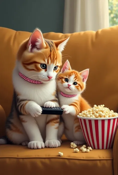 adorable orange and white mother cat and her cute furry kittens , And a pink rhinestone neck collar ,holding a remote control as if she was ready to change the channel, sitting on a tan couch beside her Is a movie theater bowl of popcorn, airbrushed oil pa...