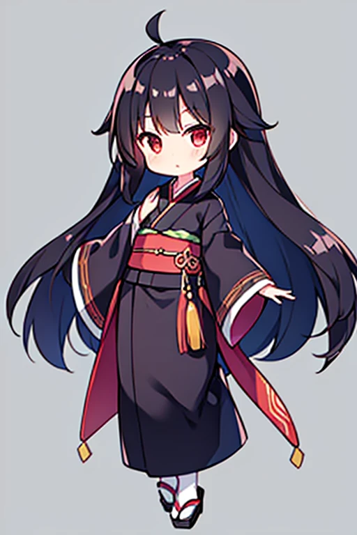 ((no background)), 1girl, kimono, black hair, brown eye, long hair, chibi, standing, full body