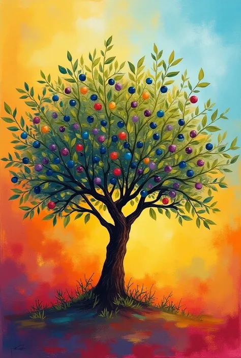 Olive tree with olives art vibrant mixture of colours simple leaf one
