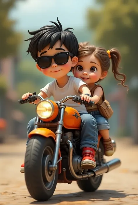 A s baby boy, black hair wear sunglass,white t shirt,blue jinspantt,red shoe,black watch,bag in back, riding orange color motorcycle,a s baby girl sit on back seat.