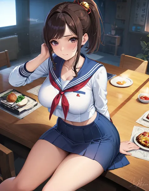 A medium shot of the Dead or Alive character Kasumi, Young face, Brown Hair, ponytail, Medium Breast, Slender figure, Thin waist, Long legs, Sailor suit, Navy Blue Skirt, With decorative ornament, alone, Shyly lowered face, Red cheeks, Shy laugh, A pose wi...