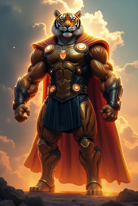 Tiger and avenger Thor suit fusion hybrid ((Best quality)),((High resolution 4K)),((ultra HDR)),((extremely detailing)),((highly detailed ultra high resolution)),((high extremely ultra detailing extremely detailing)