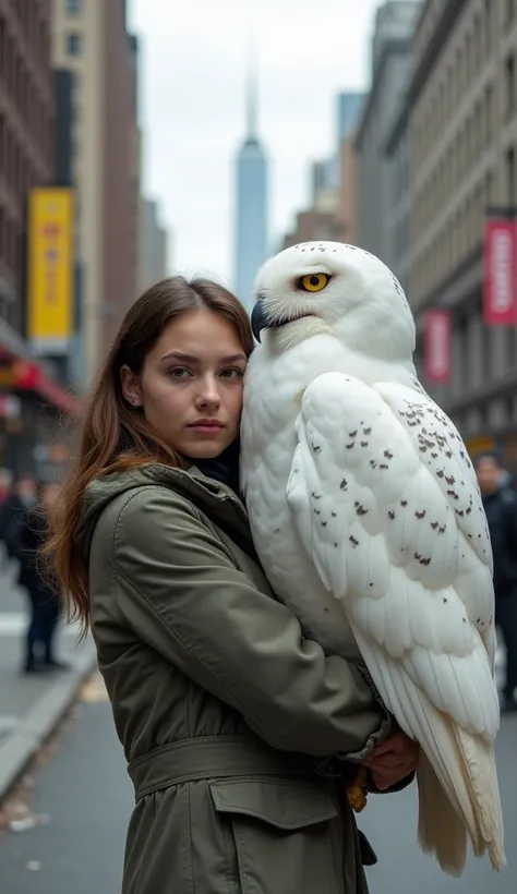 young caucasian woman poses for street photographer in New York - photo with animal. Woman struggles to hold huge white owl