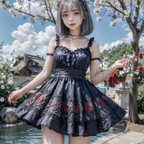 One young beautiful girl、(round face)(Big eyes、Droopy eyes、Blue Eyes), (Laugh with your mouth slightly open)、(Platinum silver hair、Straight short bob hair), ( Scenery full of flowers、 Light shining through the sky ,  colorful flowers surround the girl)、gol...