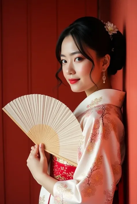 woman in kimono holding a fan ann in front of a red door, in kimono, in a kimono, Yukata attire, wearing a kimono, wearing kimono, classy Yukata attire,  wearing colorful yukata , japanese kimono, kimono, wearing royal kimono, Japanese women, Japanese Trad...