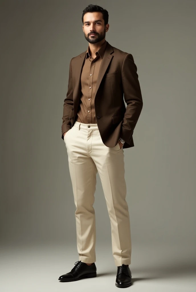 A man wearing brown shirt with off cream pants and black formal shoes