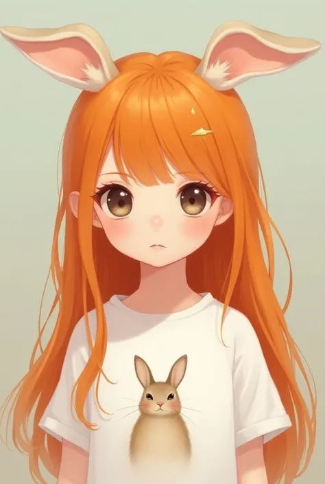 Girl with orange hair with ears. White shirt with a rabbit shape in the middle of the shirt