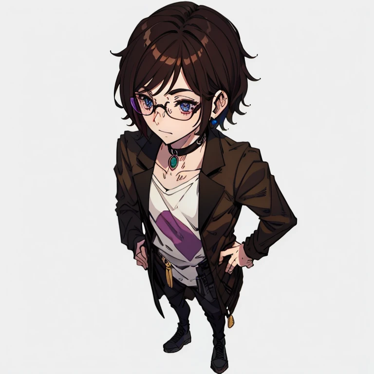 nerd man, skinny short brown hair ,  brown eyes,  dark purple clumsy neutral face dress 